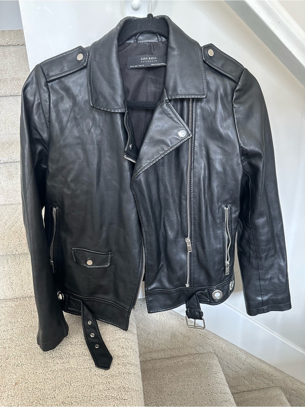 Zara Black Leather Moto Jacket with Silver Hardware